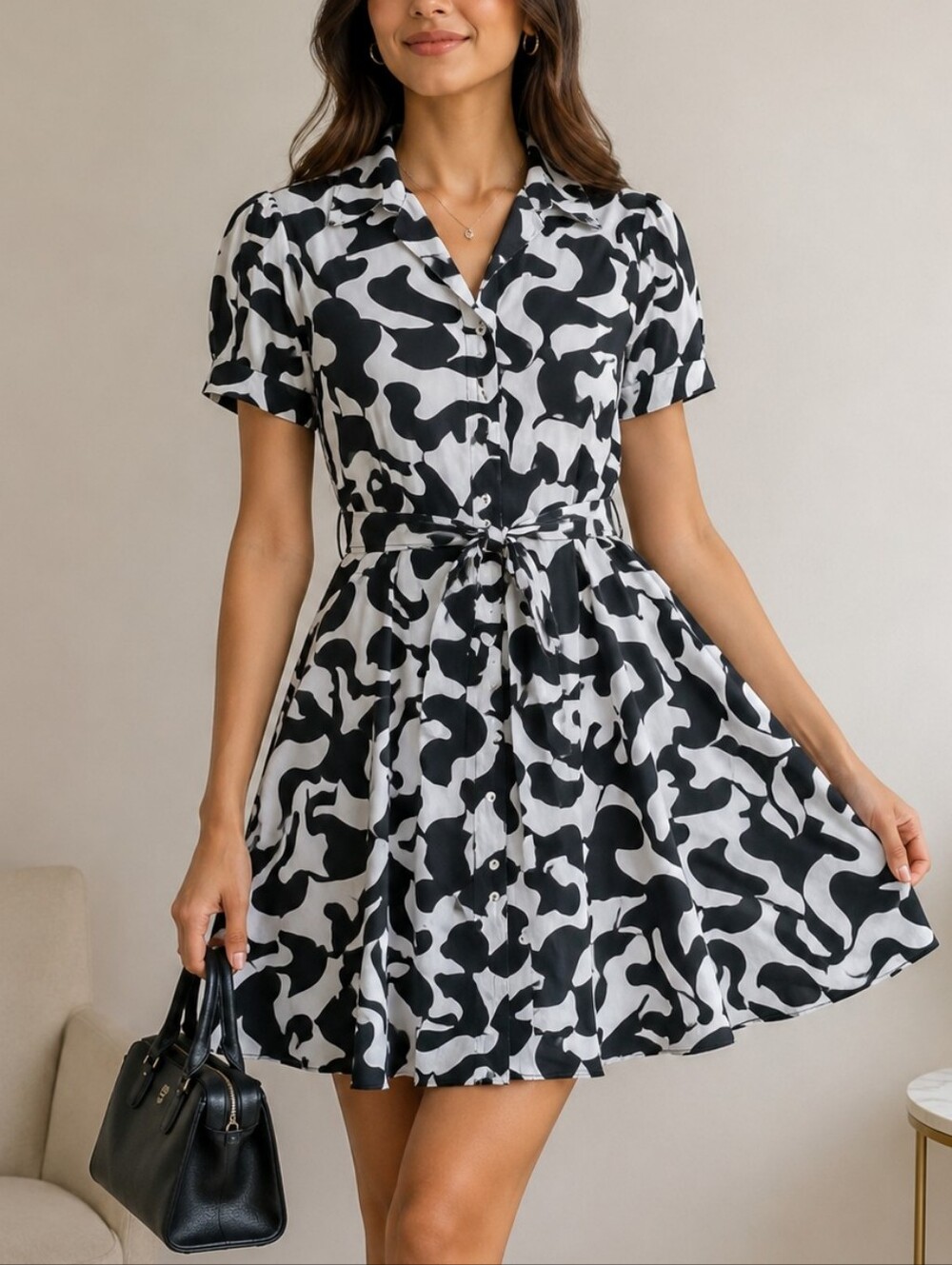 Cynthia Steffe 100% Cotton Abstract Swirl Puff Sleeve Skater Shirtdress B/W